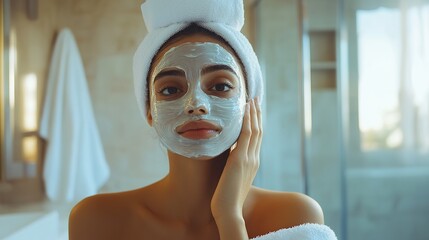 Young woman in a home spa treatment with a face mask applied and a towel wrapped around her head, in a bright, clean bathroom
