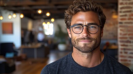 Fototapeta premium Stylish man with glasses smiling in a modern office setting during the day