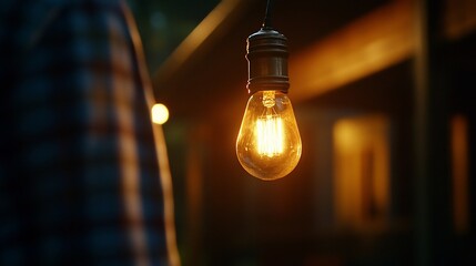 A single glowing light bulb hangs from a cord in front of a rustic building.