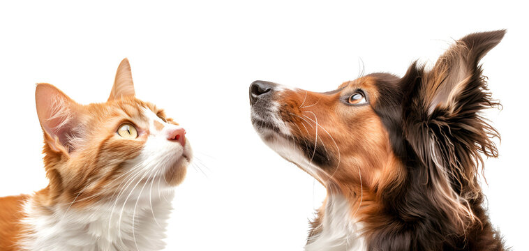 banner with a cat and a dog looking up on a white background. banner. free space. space for text
