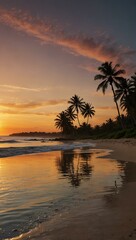 Sunset on a beach with palm trees.