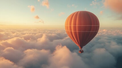 Obraz premium A majestic hot air balloon, painted in vibrant hues, soars high above the fluffy clouds during a serene sunset, symbolizing freedom and adventure amidst a dreamy landscape.