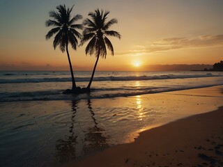 Sunset on a beach with palm trees.