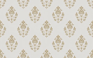 Seamless Gold on White Thai Floral Motif,Light Gray Floral Pattern with Leafy Motifs