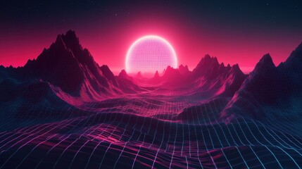 Synthwave Sunset Over Gridded Landscape