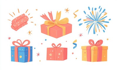 Set of gift boxes with ribbons and bows on a white background. The boxes in different colors and shapes, with colorful design elements. Confetti, fireworks, festive elements, celebratory concept.