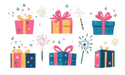 Set of gift boxes with ribbons and bows on a white background. The boxes in different colors and shapes, with colorful design elements. Confetti, fireworks, festive elements, celebratory concept.