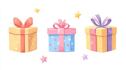 Obraz premium Set of gift boxes with ribbons and bows on a white background. The boxes in different colors and shapes, with colorful design elements. Confetti, fireworks, festive elements, celebratory concept.