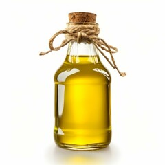 Golden olive oil in glass bottle with cork and twine, isolated on white background, promoting healthy eating and mediterranean cuisine