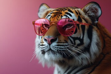 Hyper-Realistic Portrait of a Tiger Wearing Pink Sunglasses Against a Colorful Background

