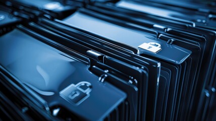 Secure data storage concept with locked blue digital folders for cybersecurity and information protection