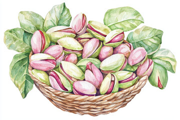A colorful illustration of a basket filled with pistachio nuts surrounded by green leaves, capturing the vibrant hues and textures of this popular snack.