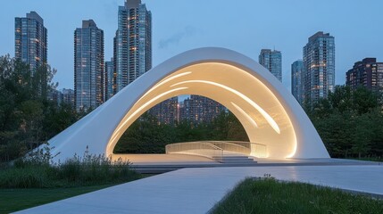 Obraz premium Modern white arch bridge with illuminated interior in a city park.