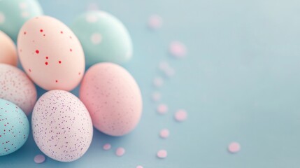 Colorful decorative Easter eggs arranged on a pastel background with candy sprinkles
