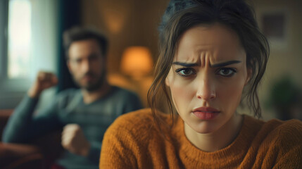 Domestic violence inflicted on a woman as her husband maltreats and beats her, with the woman wearing a fearful and sad expression on her face due to her husband.