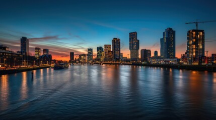 Fototapeta premium A vibrant city skyline at sunset reflecting on water, showcasing modern architecture and urban life.