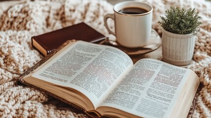 Open bible with coffee cup and plant on a blanket.