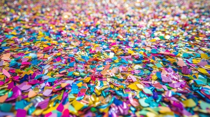 Fototapeta premium Colorful confetti and streamers scattered on the floor, perfect for party backgrounds.