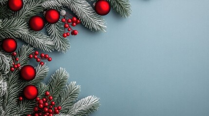 A festive arrangement unfolds with lush evergreen branches and striking red ornaments, evoking the warmth and charm of the holiday season in a serene winter backdrop