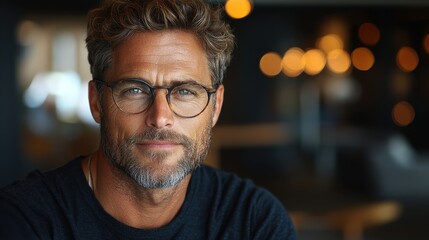 Obraz premium A close-up of a man with glasses smiling in a modern café with warm lighting in the early evening
