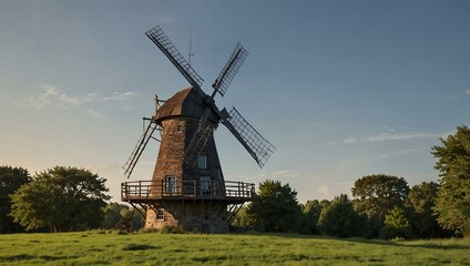 Windmill set against a tree-filled backdrop.