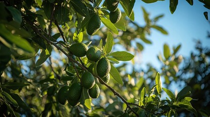 Close-Up of Avocado Tree Branch with Ripe Green Avocados Hanging Among Lush Leaves
