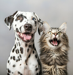 banner with a cat and a Dalmatian dog looking up on a white background