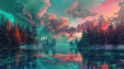 Surreal Landscape of Forest and Lake with Vibrant Sky and Reflections in Neon Colors