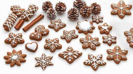 Fototapeta premium Christmas gingerbread cookies in the shapes of snowflakes, stars and hearts on a white isolated background.
