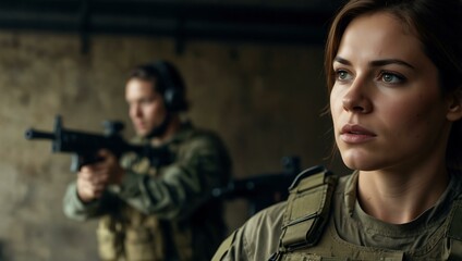 Fototapeta premium Woman leading a tactical team in a military operation.