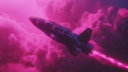 Fototapeta premium Futuristic Spaceship Soaring Through Pink Clouds