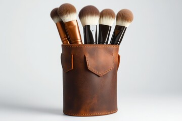 A collection of makeup brushes organized in a stylish leather holder on a neutral background