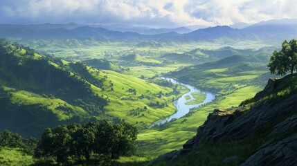 Obraz premium Serene Mountain Valley with Winding River