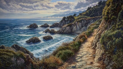 Fototapeta premium Coastal Path Winding Through Rugged Cliffs and Ocean