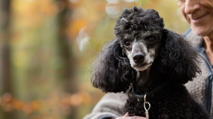 A black poodle is thoughtfully held by its owner while nature's autumnal blur provides a soft backdrop, symbolizing companionship and tranquil walks together.