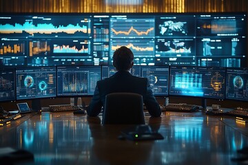 Professional business meeting large monitors and financial data on screens