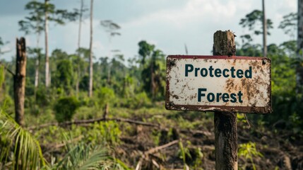 Obraz premium Rusty Sign Marking a Protected Forest Area