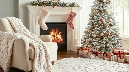 Fototapeta premium Cozy Christmas Fireplace: A warm, inviting scene of a decorated Christmas tree, a crackling fireplace, and cozy armchair with a blanket, perfect for holiday cheer. 