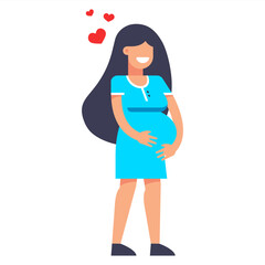 pregnant girl in blue dress. holding hands on stomach