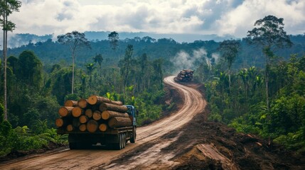 Obraz premium Logging Truck Transporting Timber Through Dense Rainforest