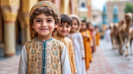 Obraz premium Young Boy in Traditional Clothing Smiling in a Line with Other Children