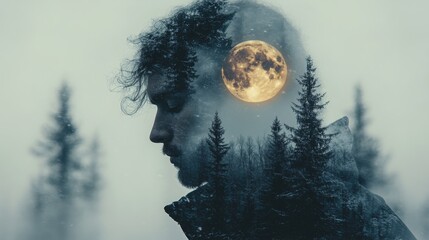 A contemplative figure surrounded by a misty forest and a glowing full moon at dusk