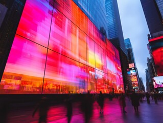 A highly realistic modern skyscraper facade seamlessly integrated with large, ultra-high-definition LED screens