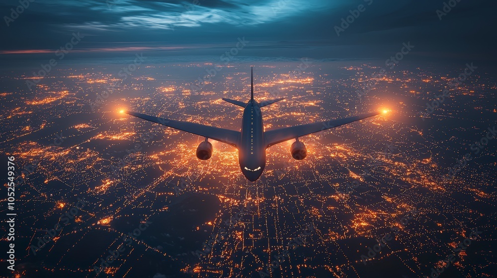 Canvas Prints a commercial airplane flies over a city whose layout is illuminated with intricate light patterns, r