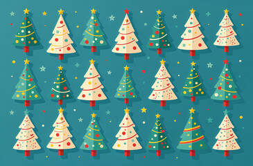 Obraz premium Christmas trees decorated with balls stand on blue background, New Year card with snowflakes