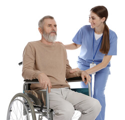 Fototapeta premium Caregiver assisting senior man in wheelchair on white background. Home health care service
