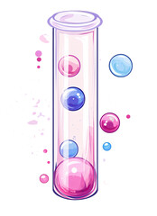 Artistic scientific test tubes with floating spheres. Colorful, stylized laboratory test tubes with floating spheres in liquid, representing scientific research or biotech concepts.