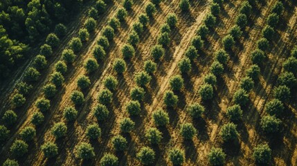 Aerial View of a Densely Planted Orchard with Lush Green Trees