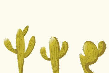 Tall succulent cactuses with thorns on color background. Vector drawing set illustration for icon, game, packaging, banner. Wild west, western, cowboy concept. Copy spase