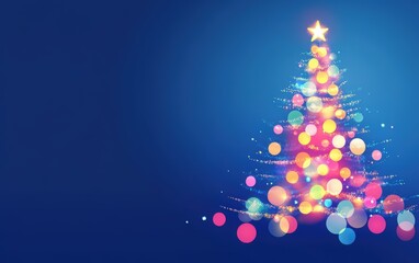 Christmas tree neon light and a bokeh effect on a blue background. Abstract illustration of a New Year's celebration, party, or holiday greeting card design. Merry Christmas